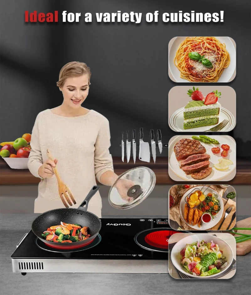 23" Portable Infrared 2 Burner 3500 Electri Burner w/ 2 Hours Timer-Electric Hot Plate Touch Control Panel Adjustable Heating Power Cooktop