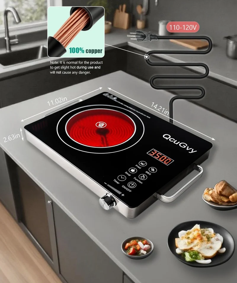 14" Portable Infrared Burner 3500 Electric Burner w/ 3 Hours Timer-Electric Hot Plate Touch Control Panel Adjustable Heating Power - (Black)