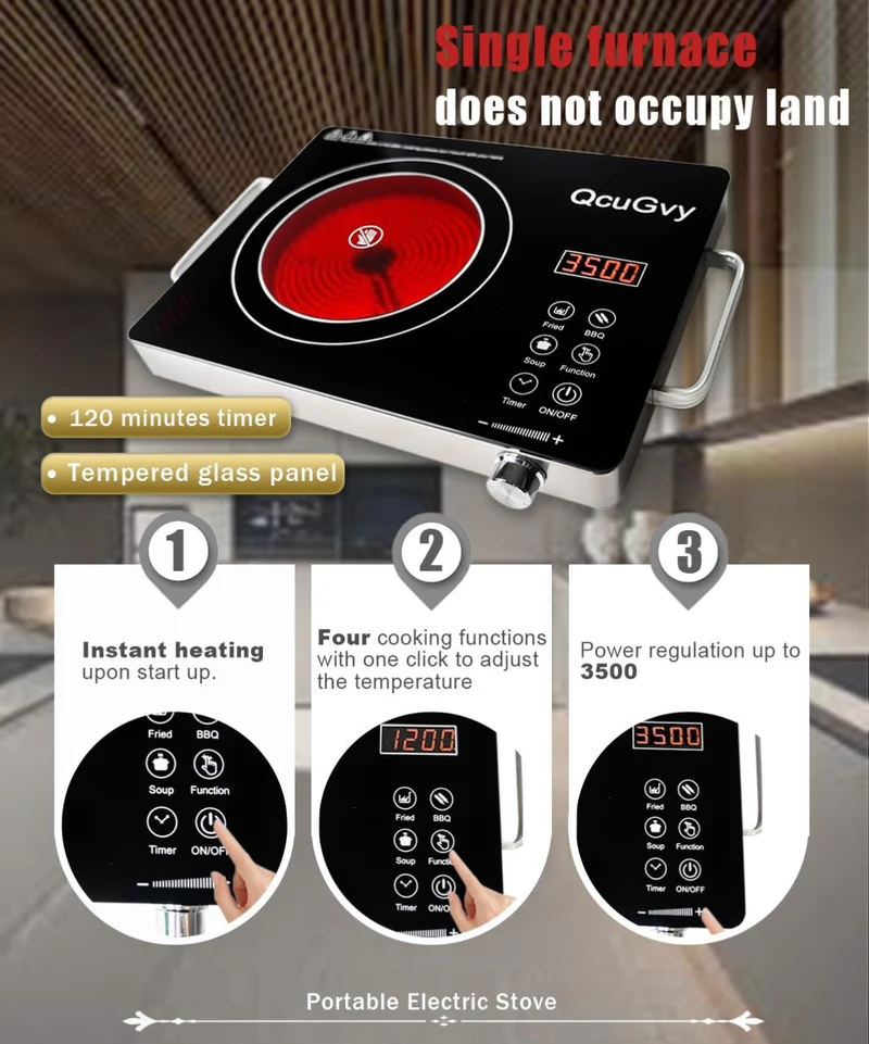 14" Portable Infrared Burner 3500 Electric Burner w/ 3 Hours Timer-Electric Hot Plate Touch Control Panel Adjustable Heating Power - (Black)