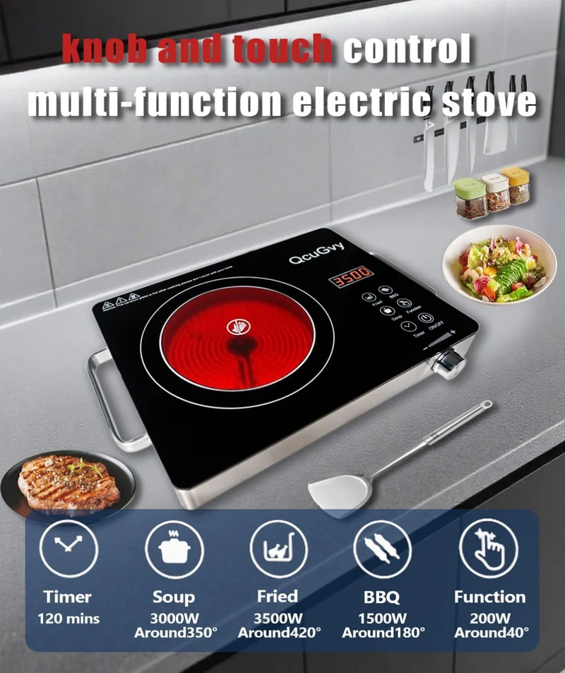 14" Portable Infrared Burner 3500 Electric Burner w/ 3 Hours Timer-Electric Hot Plate Touch Control Panel Adjustable Heating Power - (Black)