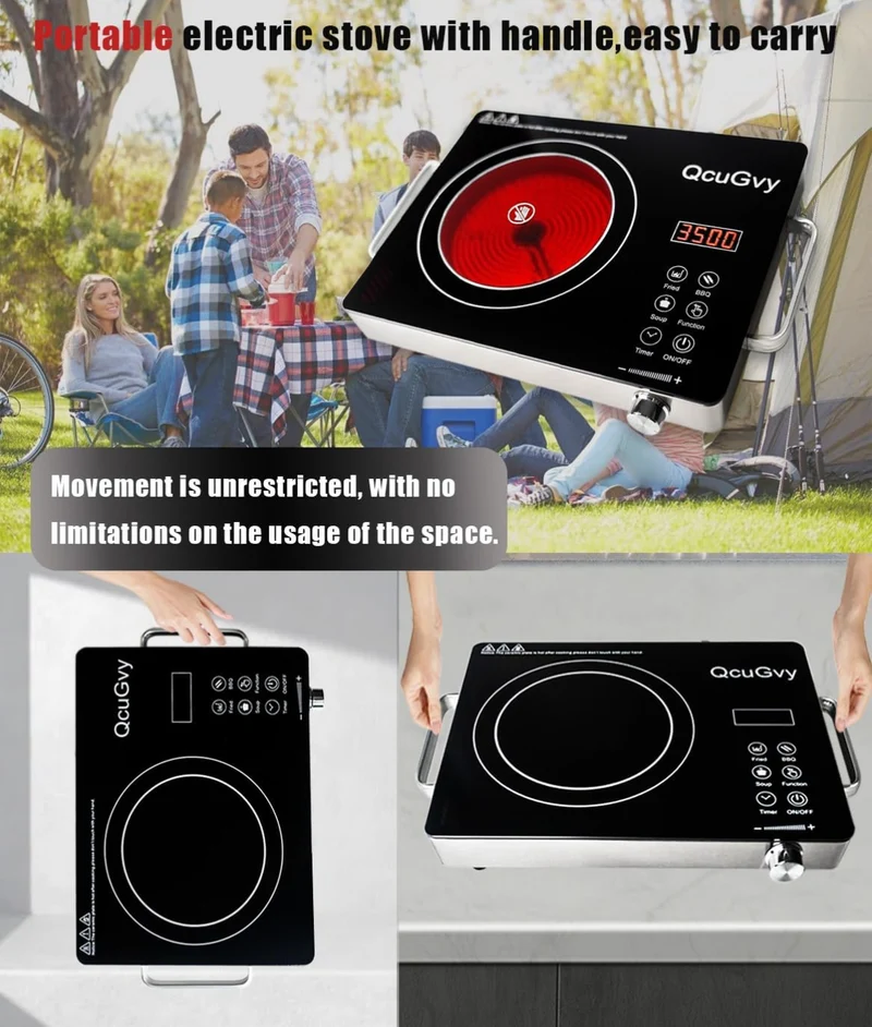 14" Portable Infrared Burner 3500 Electric Burner w/ 3 Hours Timer-Electric Hot Plate Touch Control Panel Adjustable Heating Power - (Black)