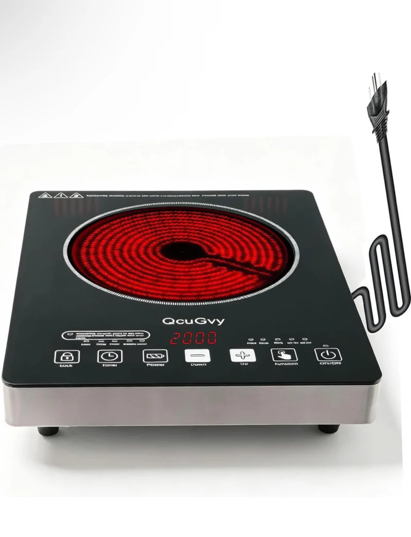 Portable Infrared Burner 2000W Electric Burner w/ 3 Hours Timer-Electric Hot Plate Touch Control Panel Adjustable Heating Power Glass Plate Electric Cooktop for Cooking - (Black)