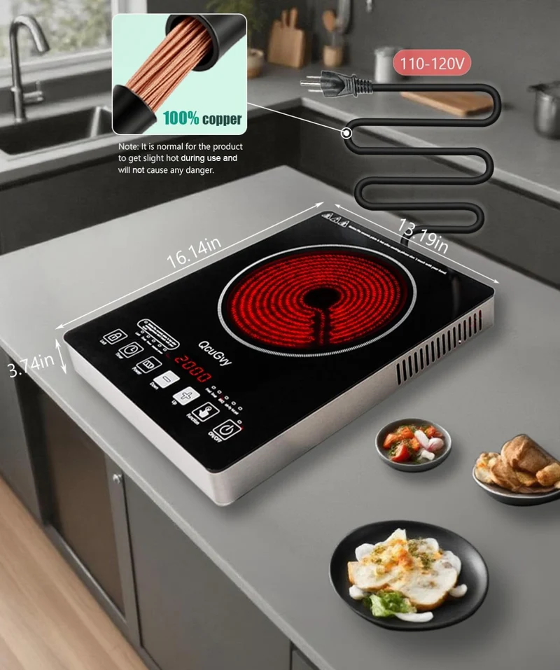Portable Infrared Burner 2000W Electric Burner w/ 3 Hours Timer-Electric Hot Plate Touch Control Panel Adjustable Heating Power Glass Plate Electric Cooktop for Cooking - (Black)