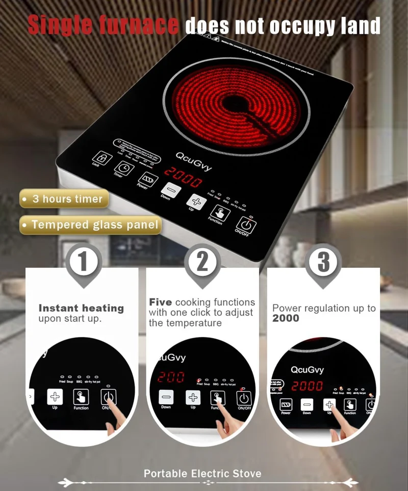 Portable Infrared Burner 2000W Electric Burner w/ 3 Hours Timer-Electric Hot Plate Touch Control Panel Adjustable Heating Power Glass Plate Electric Cooktop for Cooking - (Black)