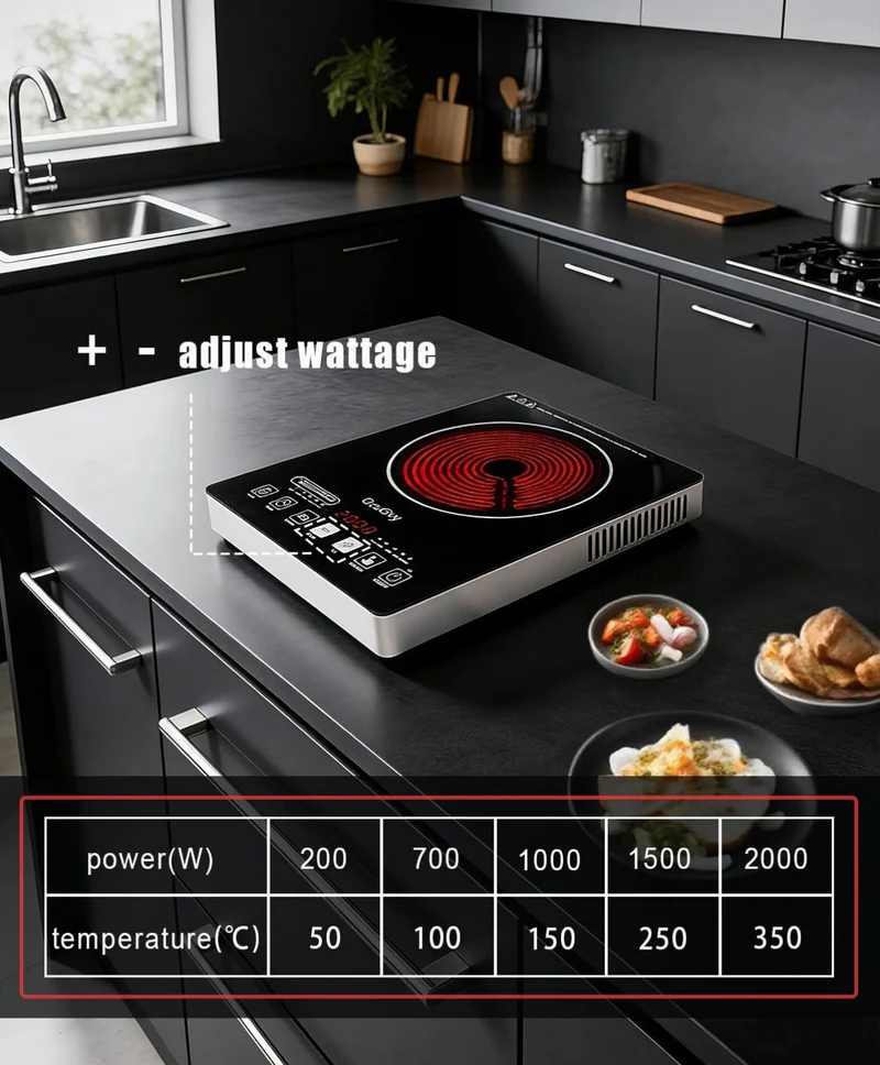 Portable Infrared Burner 2000W Electric Burner w/ 3 Hours Timer-Electric Hot Plate Touch Control Panel Adjustable Heating Power Glass Plate Electric Cooktop for Cooking - (Black)