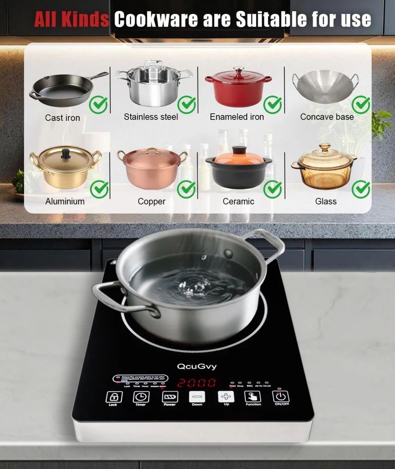 Portable Infrared Burner 2000W Electric Burner w/ 3 Hours Timer-Electric Hot Plate Touch Control Panel Adjustable Heating Power Glass Plate Electric Cooktop for Cooking - (Black)