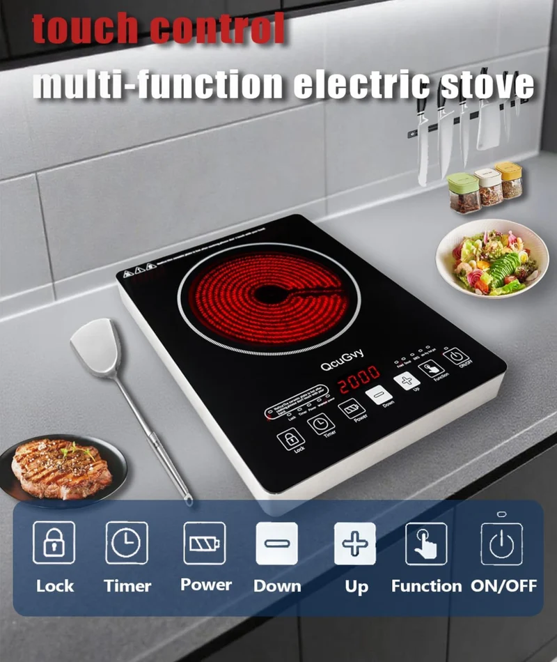 Portable Infrared Burner 2000W Electric Burner w/ 3 Hours Timer-Electric Hot Plate Touch Control Panel Adjustable Heating Power Glass Plate Electric Cooktop for Cooking - (Black)
