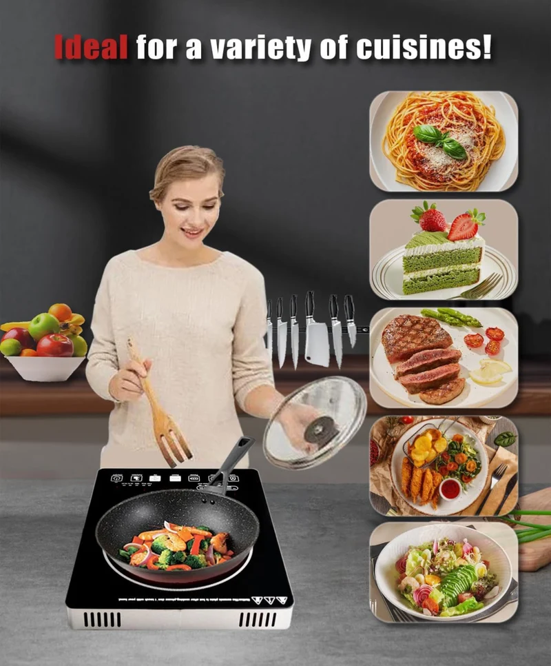Portable Infrared Burner 2000W Electric Burner w/ 3 Hours Timer-Electric Hot Plate Touch Control Panel Adjustable Heating Power Glass Plate Electric Cooktop for Cooking - (Black)