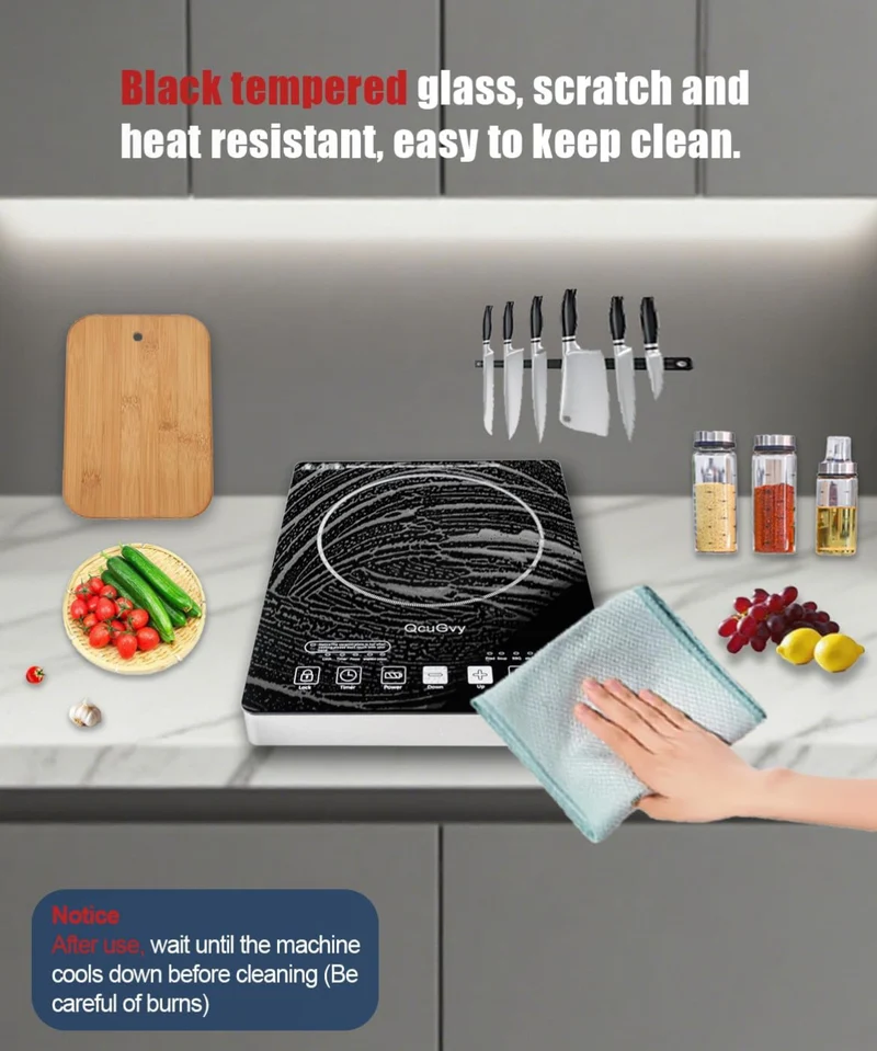 Portable Infrared Burner 2000W Electric Burner w/ 3 Hours Timer-Electric Hot Plate Touch Control Panel Adjustable Heating Power Glass Plate Electric Cooktop for Cooking - (Black)