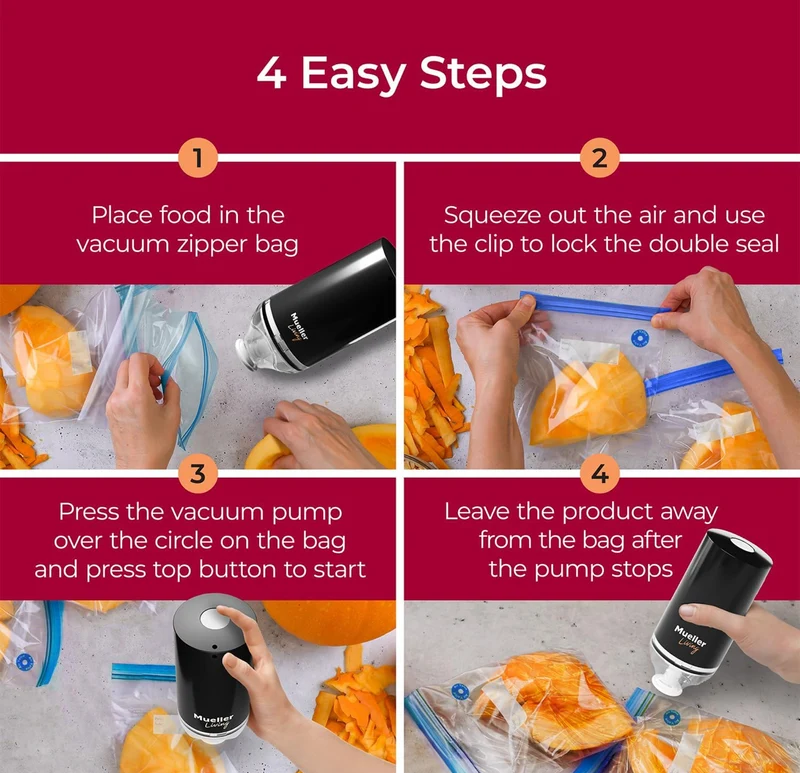 Cordless Portable Food Vacuum Sealer Seals up to 60 bags, Automatic Shut Off and includes 4 Starter Bags (Pack of 4)