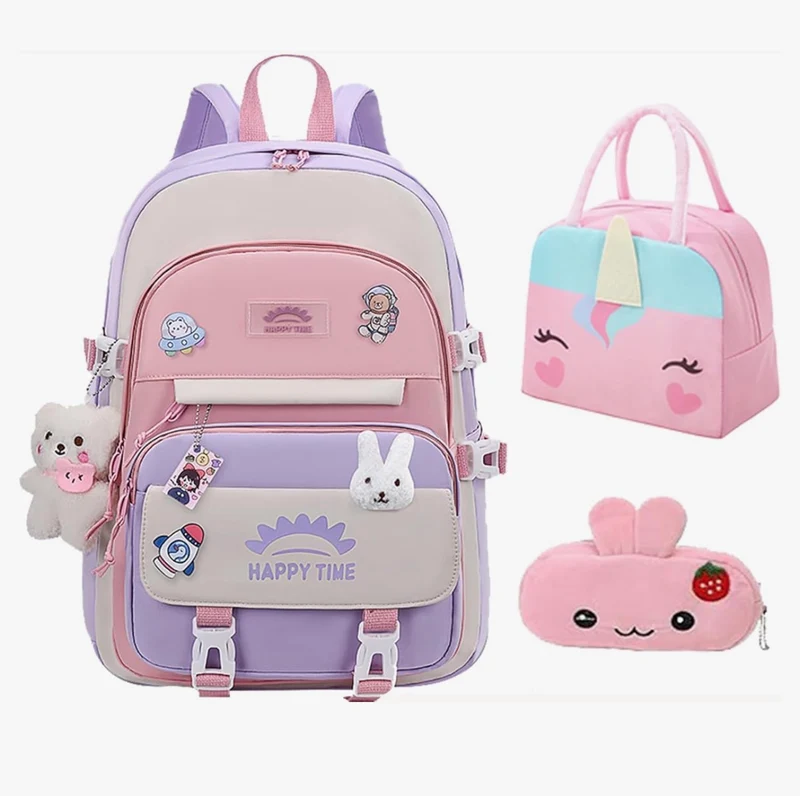 Bundle Girls Backpack School Backpack For Kids Children w/ Lunch Bag and Pencil Case (rabbit-purple)
