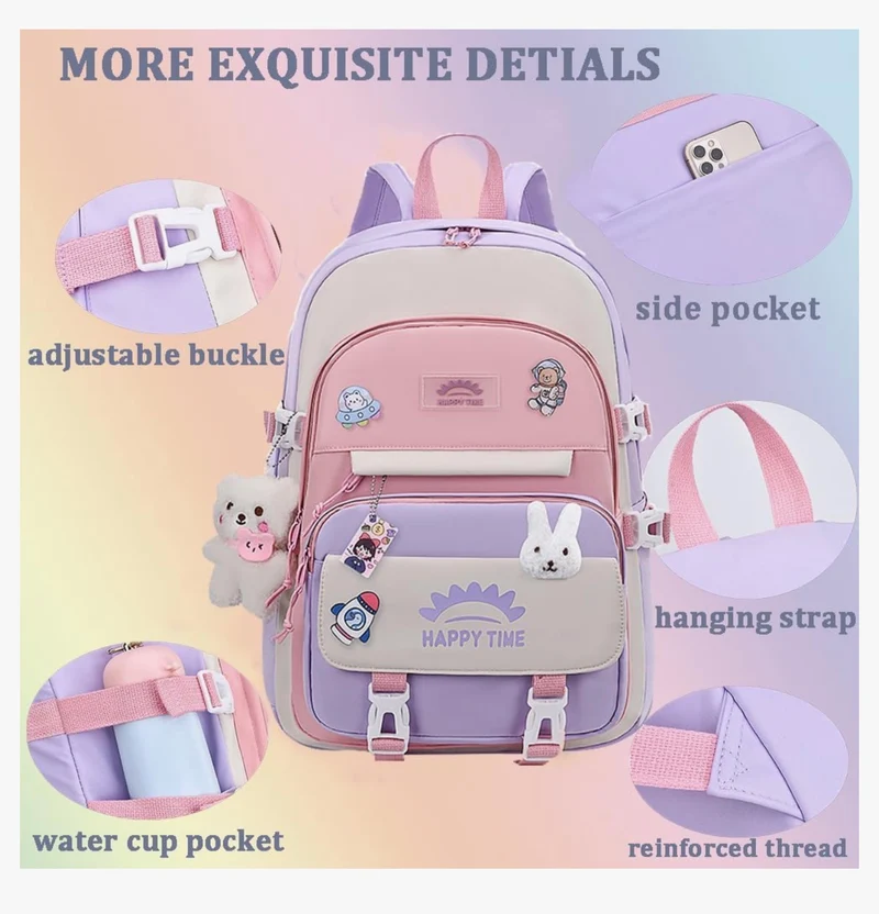 Bundle Girls Backpack School Backpack For Kids Children w/ Lunch Bag and Pencil Case (rabbit-purple)