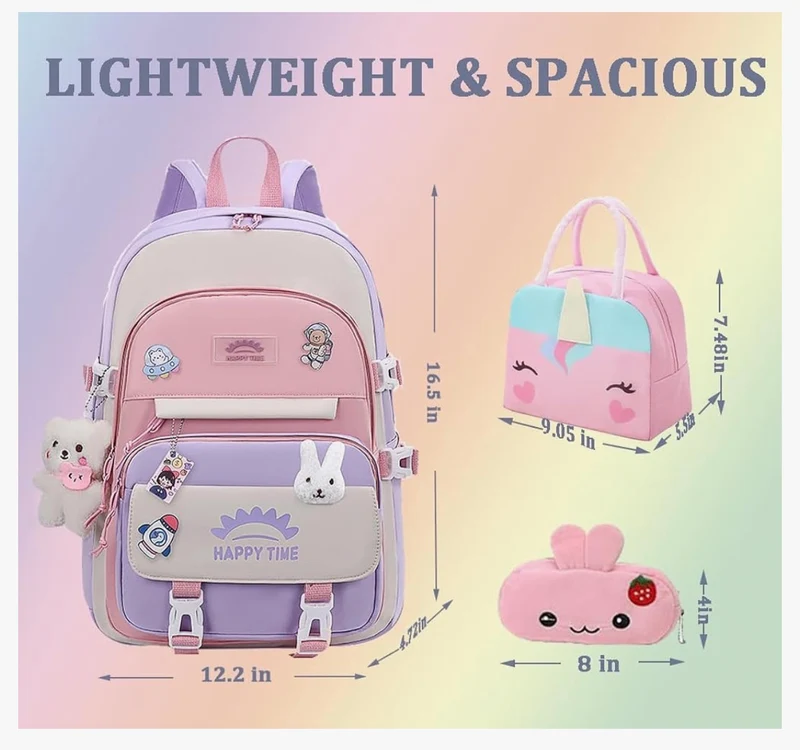 Bundle Girls Backpack School Backpack For Kids Children w/ Lunch Bag and Pencil Case (rabbit-purple)