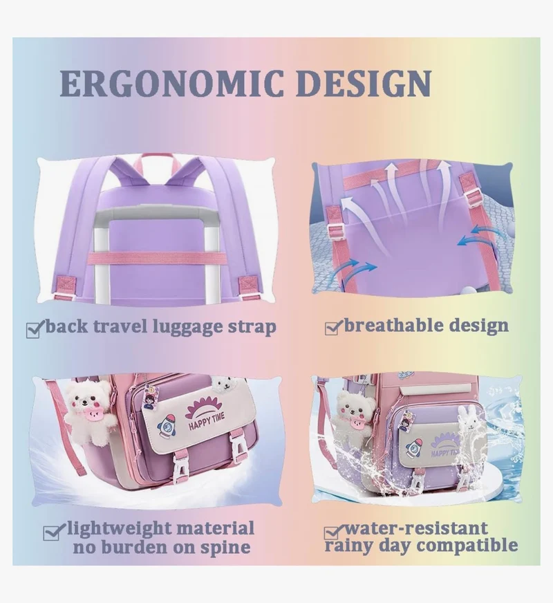 Bundle Girls Backpack School Backpack For Kids Children w/ Lunch Bag and Pencil Case (rabbit-purple)
