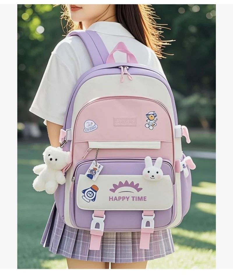 Bundle Girls Backpack School Backpack For Kids Children w/ Lunch Bag and Pencil Case (rabbit-purple)