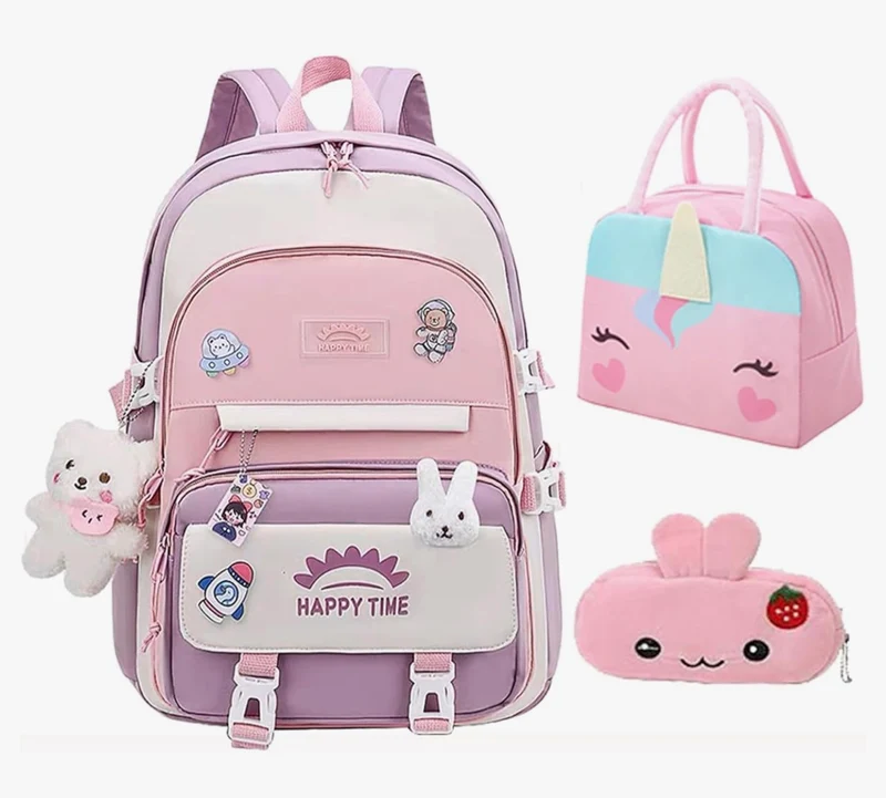 Bundle Girls Backpack School Backpack For Kids Children w/ Lunch Bag and Pencil Case (rabbit-pink)