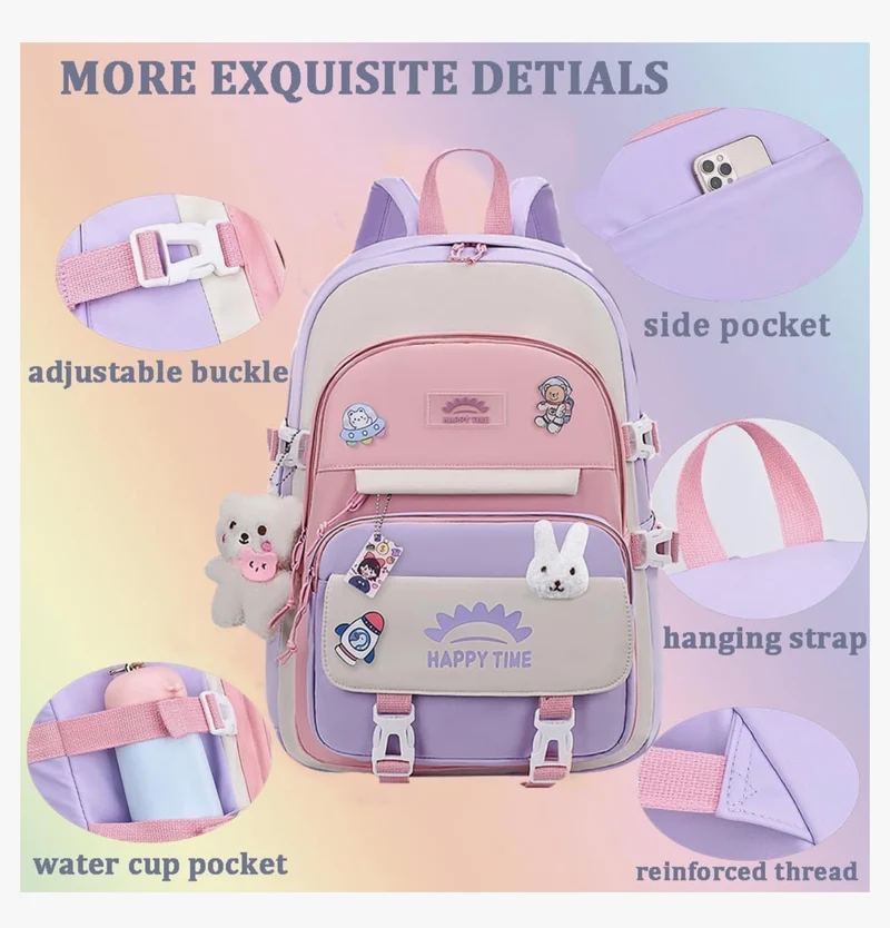 Bundle Girls Backpack School Backpack For Kids Children w/ Lunch Bag and Pencil Case (rabbit-pink)