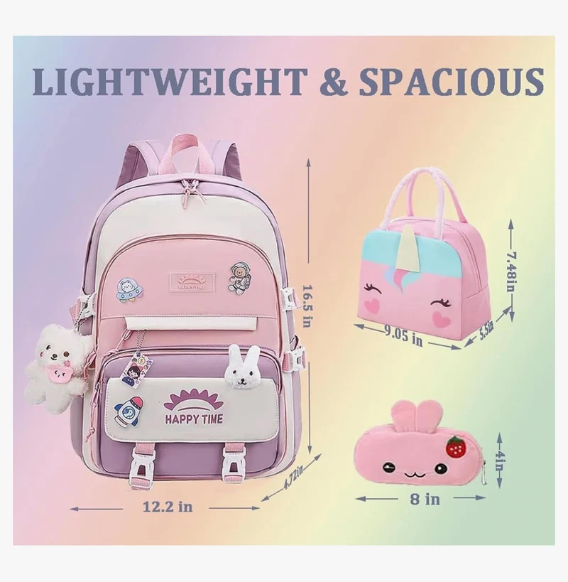 Bundle Girls Backpack School Backpack For Kids Children w/ Lunch Bag and Pencil Case (rabbit-pink)