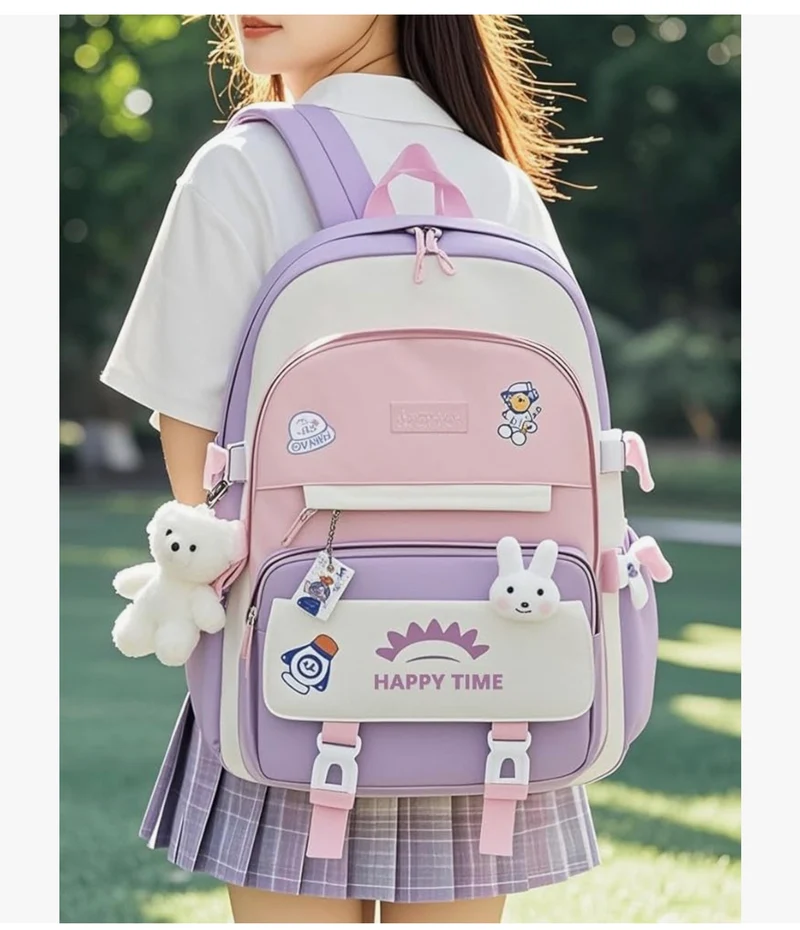 Bundle Girls Backpack School Backpack For Kids Children w/ Lunch Bag and Pencil Case (rabbit-pink)