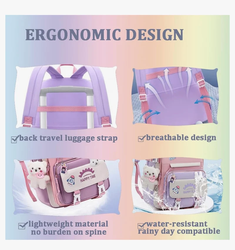 Bundle Girls Backpack School Backpack For Kids Children w/ Lunch Bag and Pencil Case (rabbit-pink)