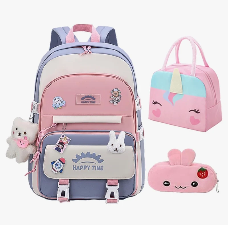 Bundle Girls Backpack School Backpack For Kids Children w/ Lunch Bag and Pencil Case (rabbit-blue)