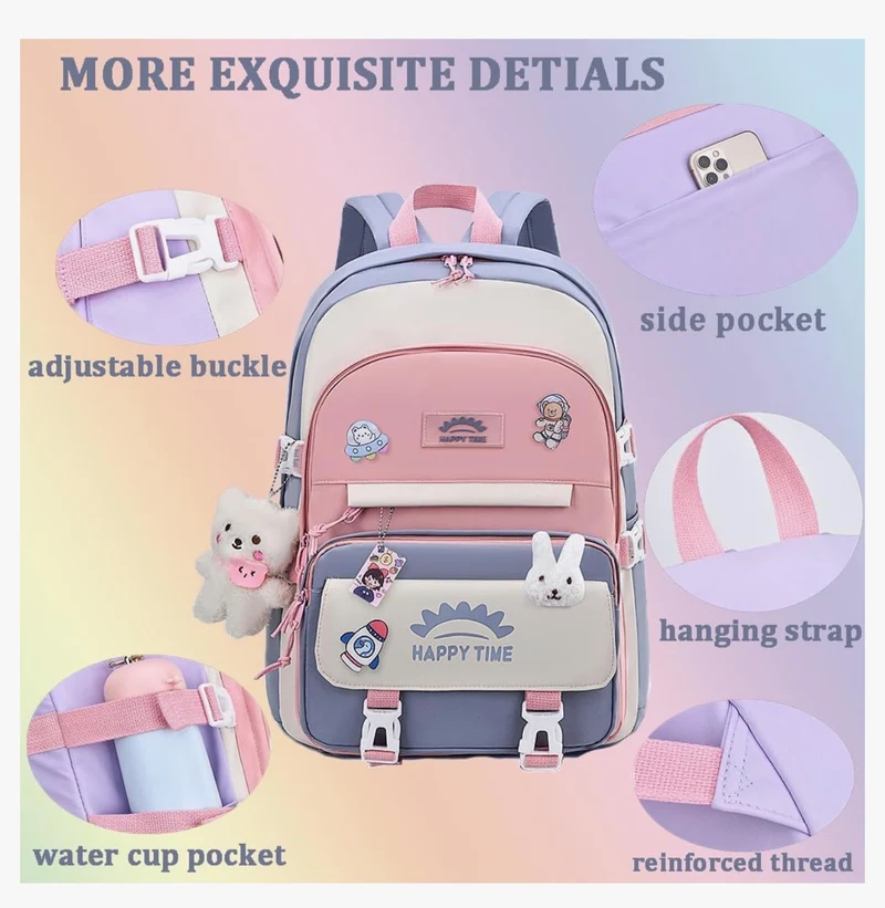 Bundle Girls Backpack School Backpack For Kids Children w/ Lunch Bag and Pencil Case (rabbit-blue)