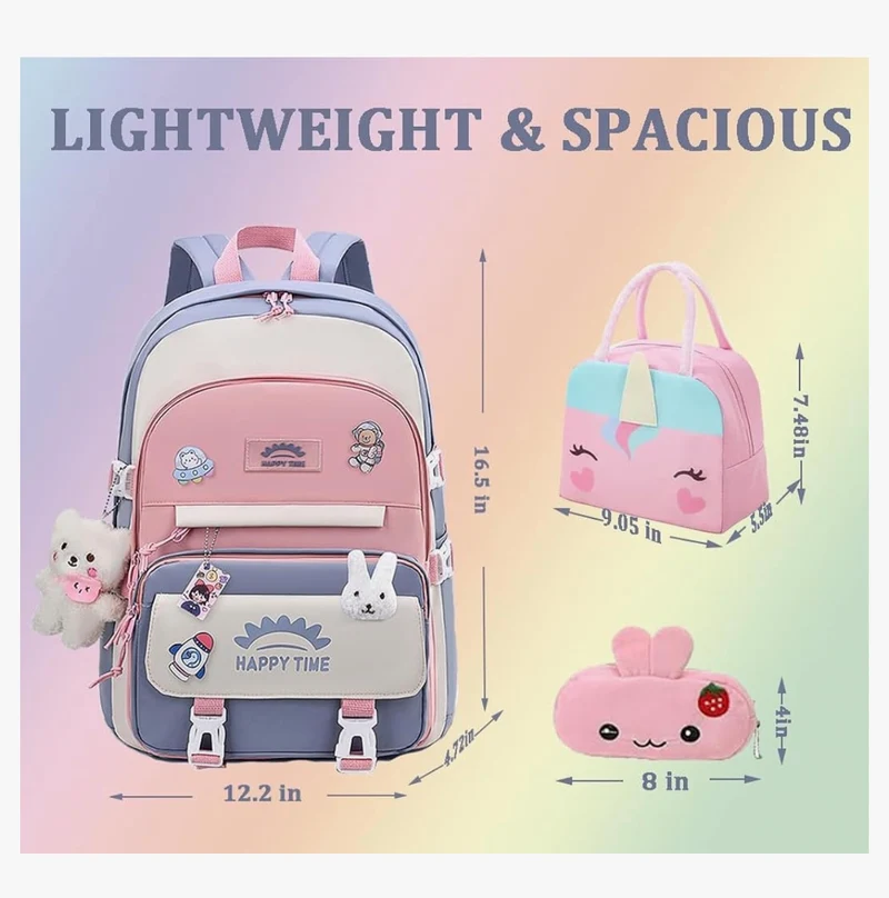 Bundle Girls Backpack School Backpack For Kids Children w/ Lunch Bag and Pencil Case (rabbit-blue)