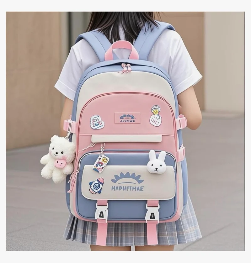 Bundle Girls Backpack School Backpack For Kids Children w/ Lunch Bag and Pencil Case (rabbit-blue)