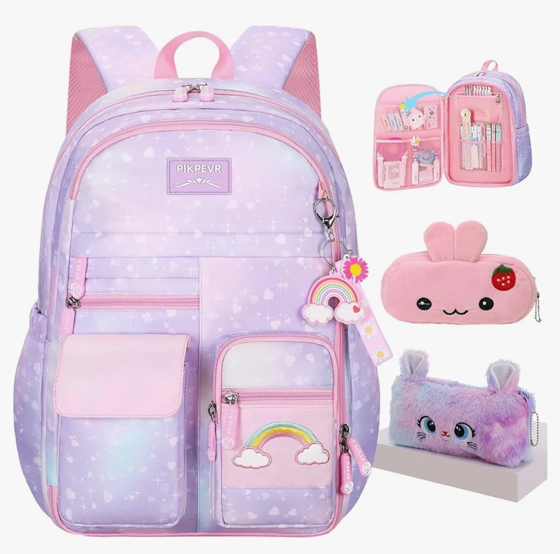 Rainbow Backpack For Girls Kids, Cute Student School Backpack With Pen Bag, Laptop Travel Bag - (Purple)