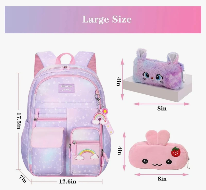 Rainbow Backpack For Girls Kids, Cute Student School Backpack With Pen Bag, Laptop Travel Bag - (Purple)