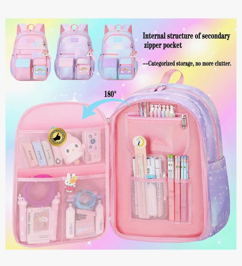 Rainbow Backpack For Girls Kids, Cute Student School Backpack With Pen Bag, Laptop Travel Bag - (Purple)