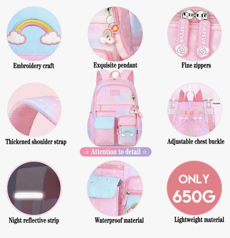 Rainbow Backpack For Girls Kids, Cute Student School Backpack With Pen Bag, Laptop Travel Bag - (Purple)