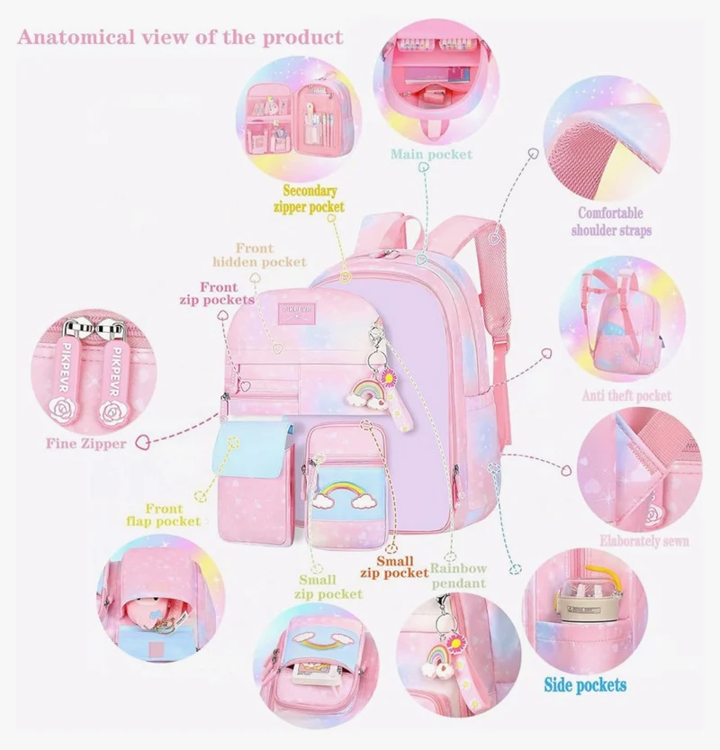 Rainbow Backpack For Girls Kids, Cute Student School Backpack With Pen Bag, Laptop Travel Bag - (Purple)