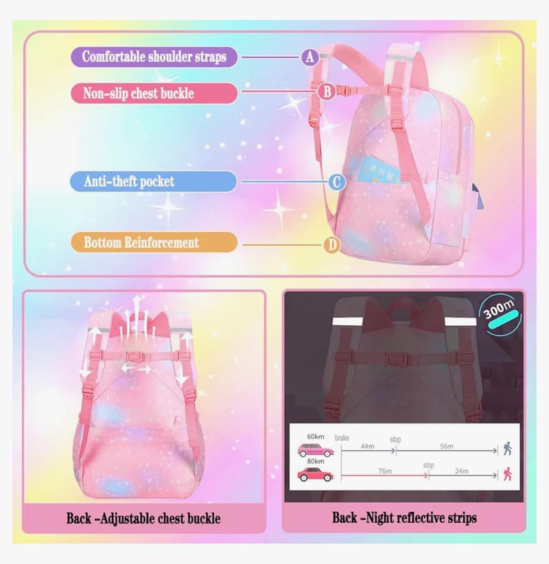 Rainbow Backpack For Girls Kids, Cute Student School Backpack With Pen Bag, Laptop Travel Bag (Pink)