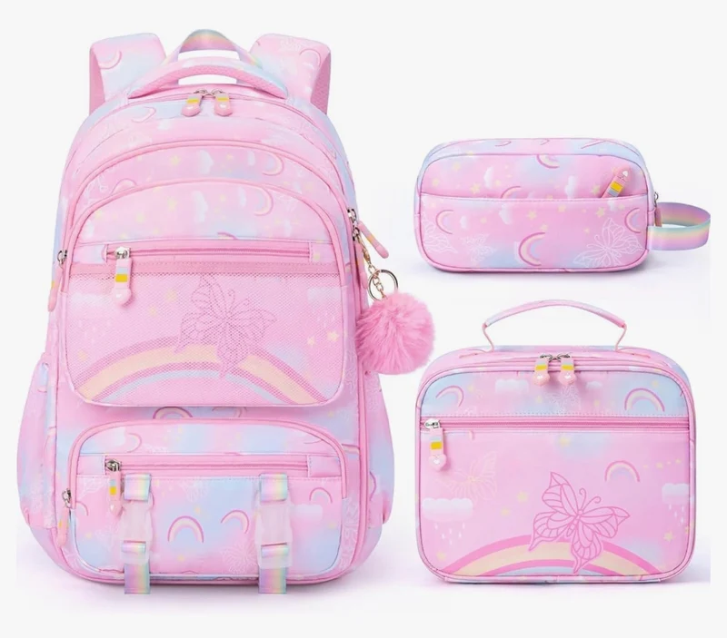 Kids Backpack - 3PCS Rainbow & Butterflies Teen Girls Backpack w/ Lunch Box & Pencil Case, Cute Pink Bookbag School Bag for Kindergarten Elementary Middle School Student Ages 5+