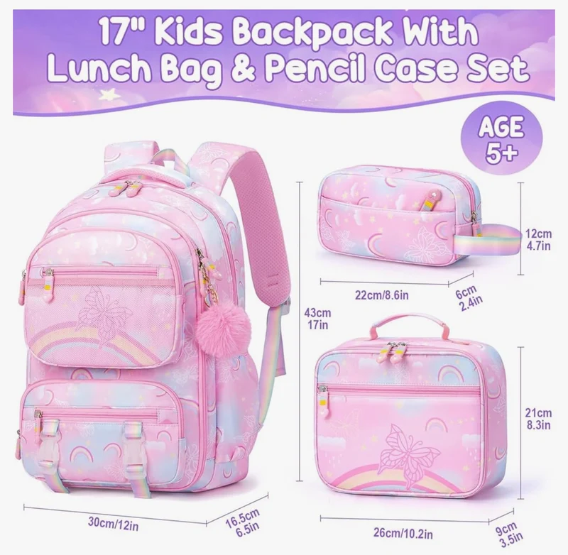 Kids Backpack - 3PCS Rainbow & Butterflies Teen Girls Backpack w/ Lunch Box & Pencil Case, Cute Pink Bookbag School Bag for Kindergarten Elementary Middle School Student Ages 5+
