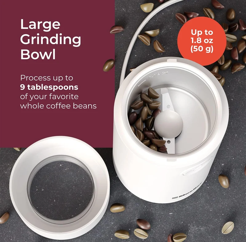 Electric Coffee Grinder for Spice, Nut, Herbs and Coffee Beans, Sharp Blade, Stainless Steel - (White)