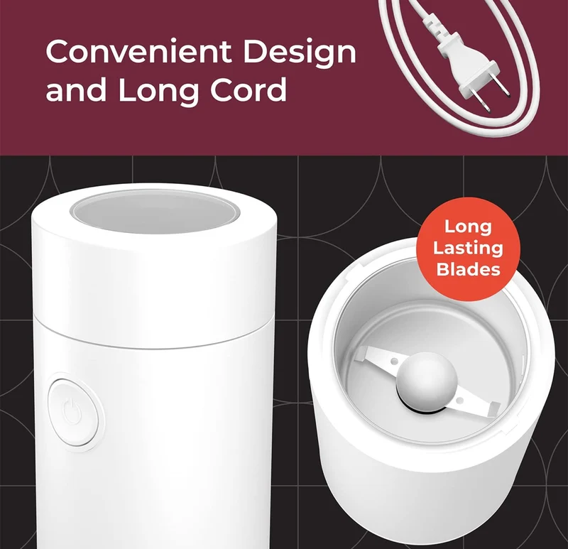 Electric Coffee Grinder for Spice, Nut, Herbs and Coffee Beans, Sharp Blade, Stainless Steel - (White)