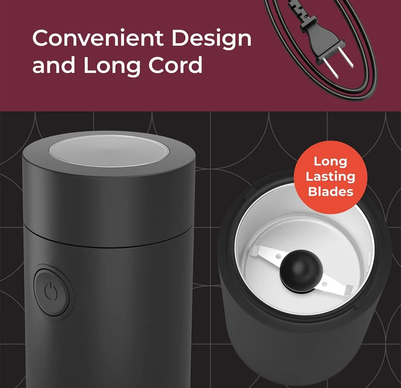 Electric Coffee Grinder for Spice, Nut, Herbs and Coffee Beans, Sharp Blade, Stainless Steel - (Black)