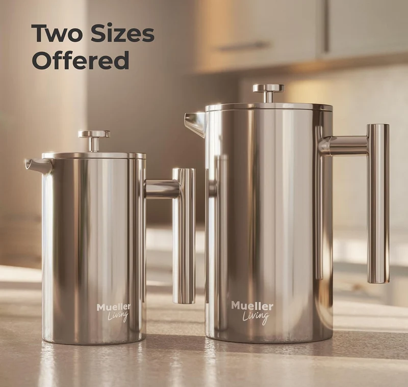 Press Coffee Maker 34oz, Stainless Steel, 4 Filter Heat Resistant Double Insulated, Rust-Free, Food Grade, Dishwasher Safe