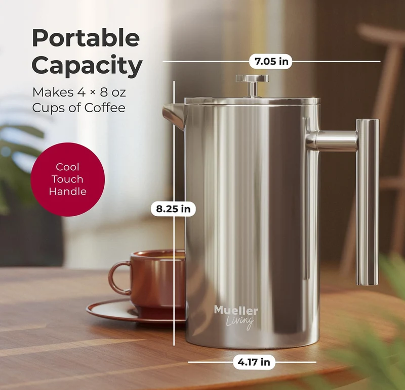Press Coffee Maker 34oz, Stainless Steel, 4 Filter Heat Resistant Double Insulated, Rust-Free, Food Grade, Dishwasher Safe