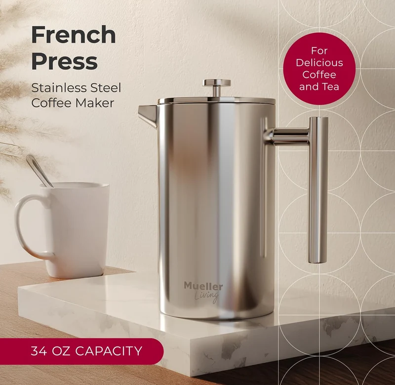 Press Coffee Maker 34oz, Stainless Steel, 4 Filter Heat Resistant Double Insulated, Rust-Free, Food Grade, Dishwasher Safe