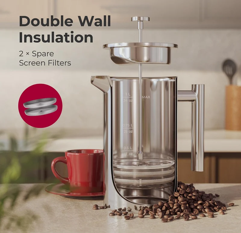 Press Coffee Maker 34oz, Stainless Steel, 4 Filter Heat Resistant Double Insulated, Rust-Free, Food Grade, Dishwasher Safe
