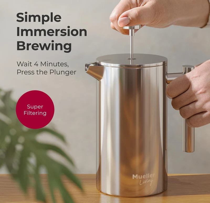 Press Coffee Maker 34oz, Stainless Steel, 4 Filter Heat Resistant Double Insulated, Rust-Free, Food Grade, Dishwasher Safe