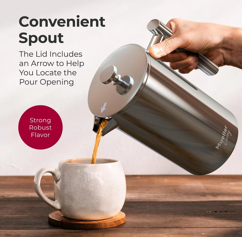 Press Coffee Maker 34oz, Stainless Steel, 4 Filter Heat Resistant Double Insulated, Rust-Free, Food Grade, Dishwasher Safe