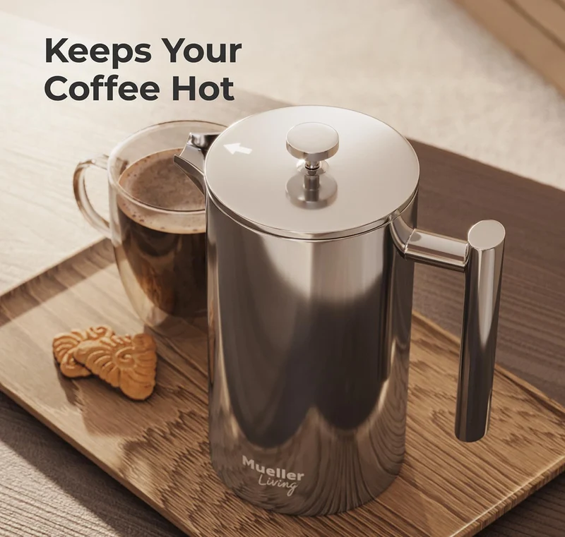 Press Coffee Maker 34oz, Stainless Steel, 4 Filter Heat Resistant Double Insulated, Rust-Free, Food Grade, Dishwasher Safe