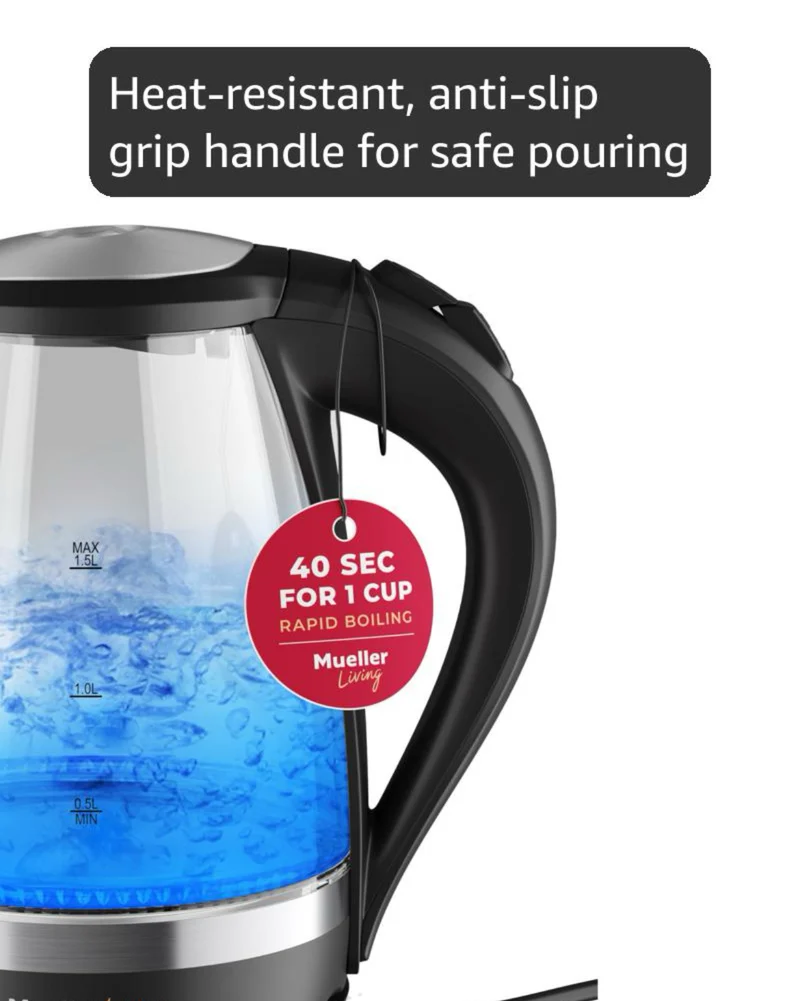 Glass Kettle 1.5L 1500W LED Light Electric Tea Kettle Automatic Shut-Off with SpeedBoil Tech and Boil-Dry Protection