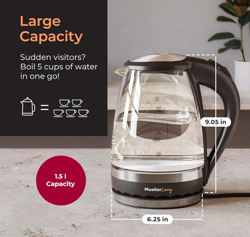 Glass Kettle 1.5L 1500W LED Light Electric Tea Kettle Automatic Shut-Off with SpeedBoil Tech and Boil-Dry Protection