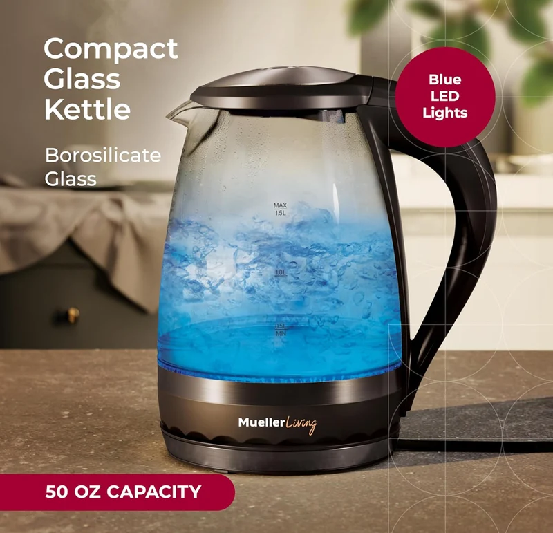 Glass Kettle 1.5L 1500W LED Light Electric Tea Kettle Automatic Shut-Off with SpeedBoil Tech and Boil-Dry Protection