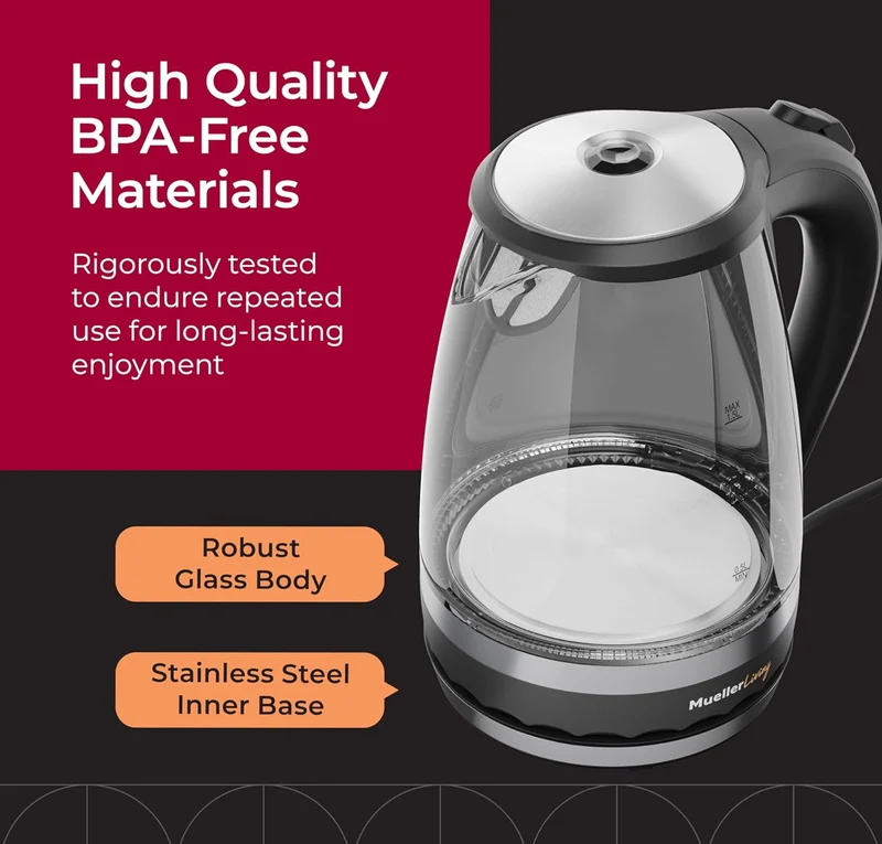 Glass Kettle 1.5L 1500W LED Light Electric Tea Kettle Automatic Shut-Off with SpeedBoil Tech and Boil-Dry Protection